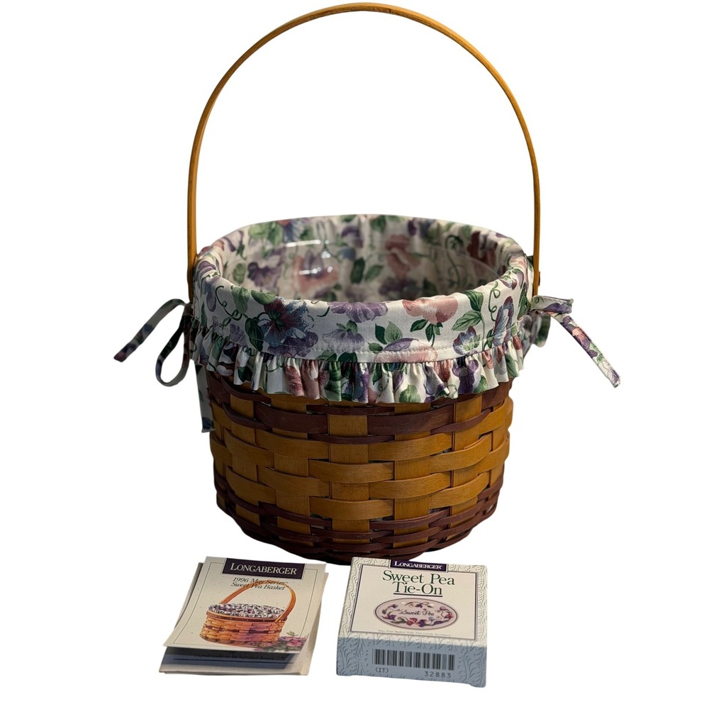 VTG Longaberger 96' May Series Sweet Pea Basket Brown Floral Liner Ceramic TieOn